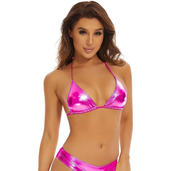 🆕Women's Pink Metallic Halter Crop Top Shiny Triangle Bralette Rave Bra - Picture 2 of 3